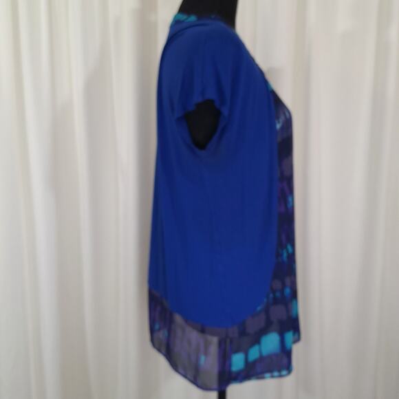 Coldwater Creek Blue Sz L/14 Blouse Abstract Print Short Sleeve Flowy Elegant - Picture 5 of 13